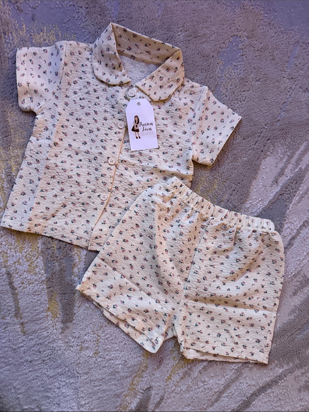 Kids Cream Floral Short Pajama Set with Button-Front Top